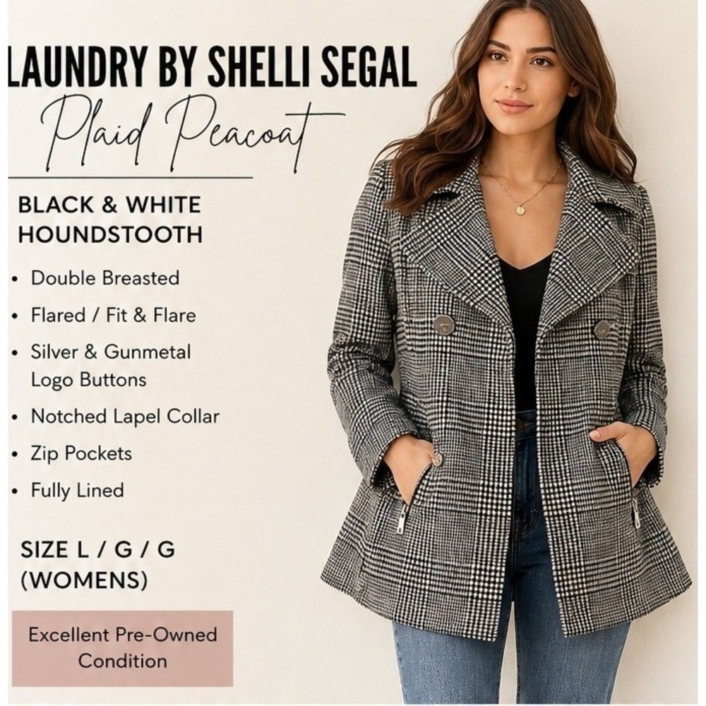 Laundry by Shelli Segal Pea Coat Women Large Dark Academia Glen Plaid Wool Blend